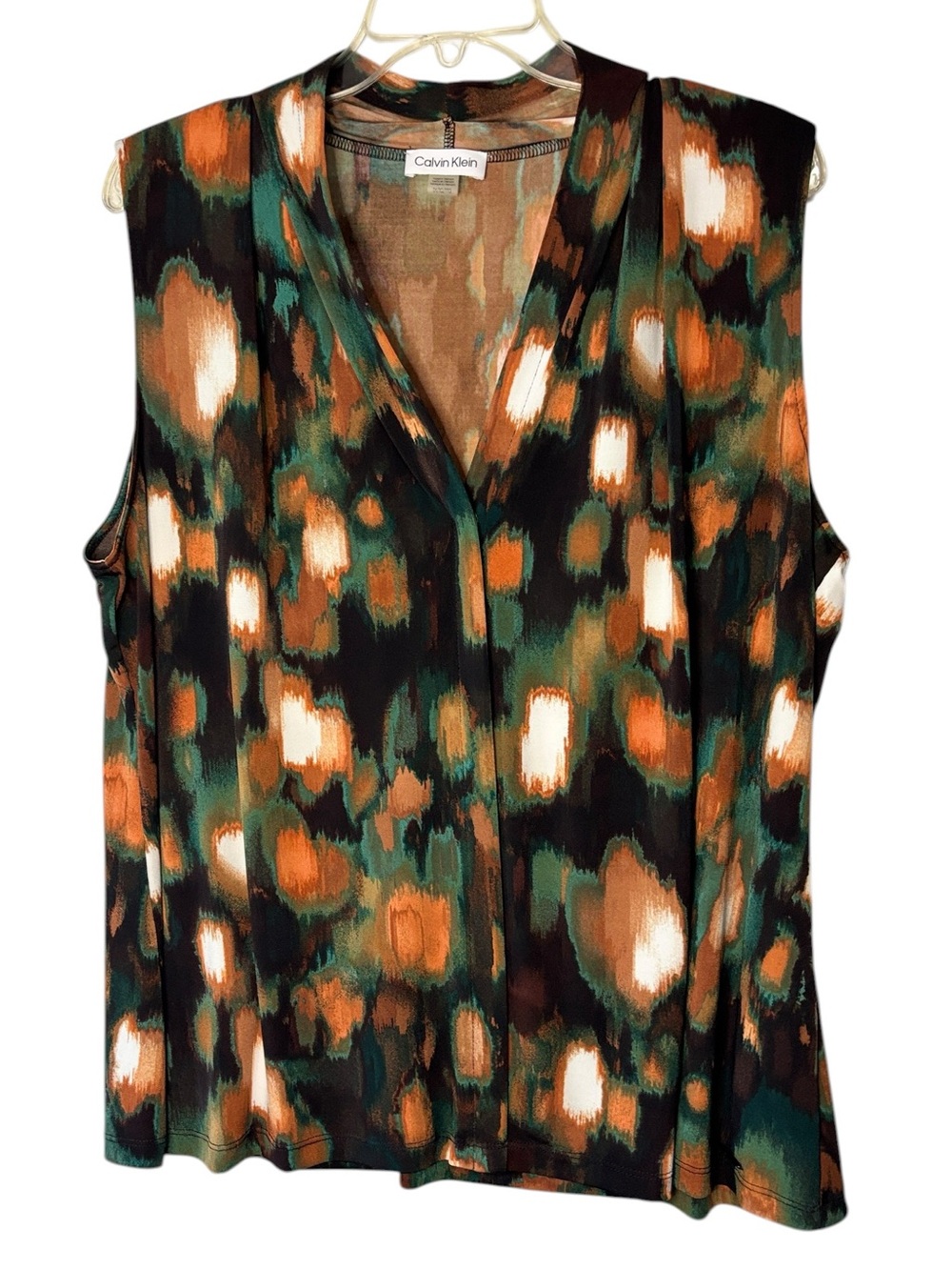Calvin Klein Sleeveless V-Neck Pleated Shoulder Blouse Abstract Floral Print 1X
